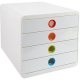 Exacompta Schubladenbox POP-BOX  weiß mit bunten Grifflöchern 314398D, DIN A4 mit 4 Schubladen